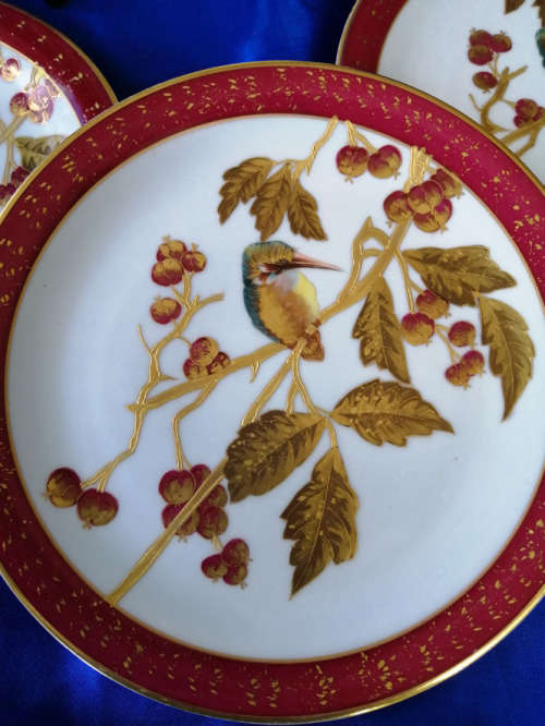 Hand Painted Gilded Porcelain Kingfisher Plates Circa 1800-1840