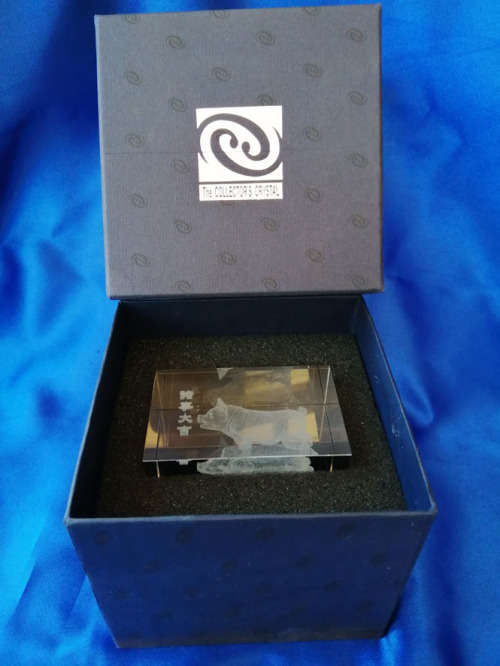 Etched Solid Glass Crystal Cube  Zodiac Chinese Pig Paperweight