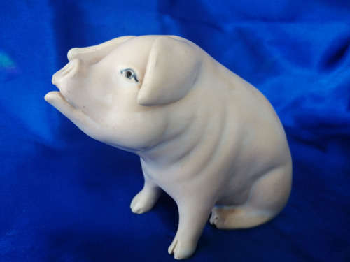 Very old sitting cream / pink pig  signed S. Bass