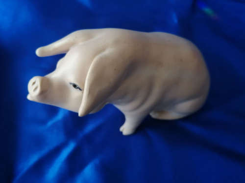 Very old sitting cream / pink pig  signed S. Bass
