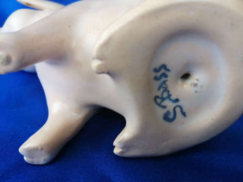 Very old sitting cream / pink pig  signed S. Bass