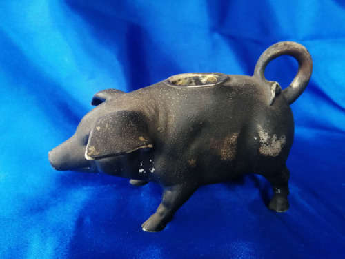 Old Painted Bisque Candle Holder Pig