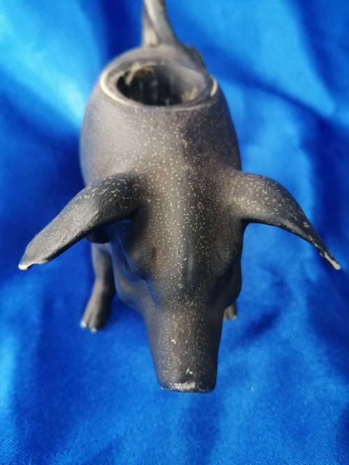 Old Painted Bisque Candle Holder Pig