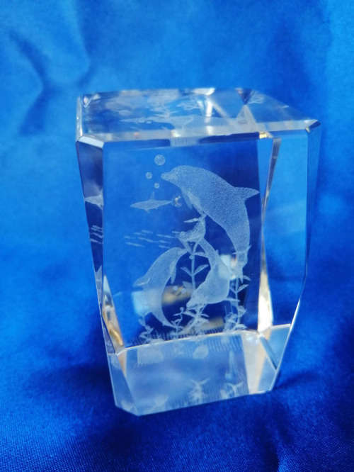 3-D Glass Block with Dolphins