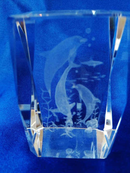 3-D Glass Block with Dolphins
