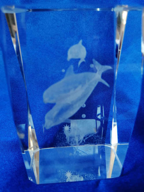 3-D Glass Block with Dolphins