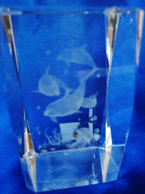 3-D Glass Block with Dolphins