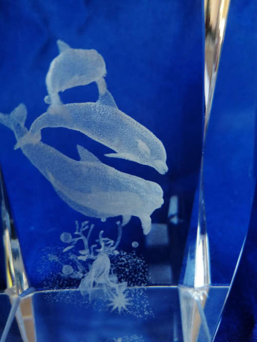 3-D Glass Block with Dolphins