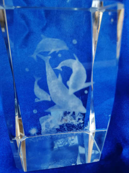 3-D Glass Block with Dolphins