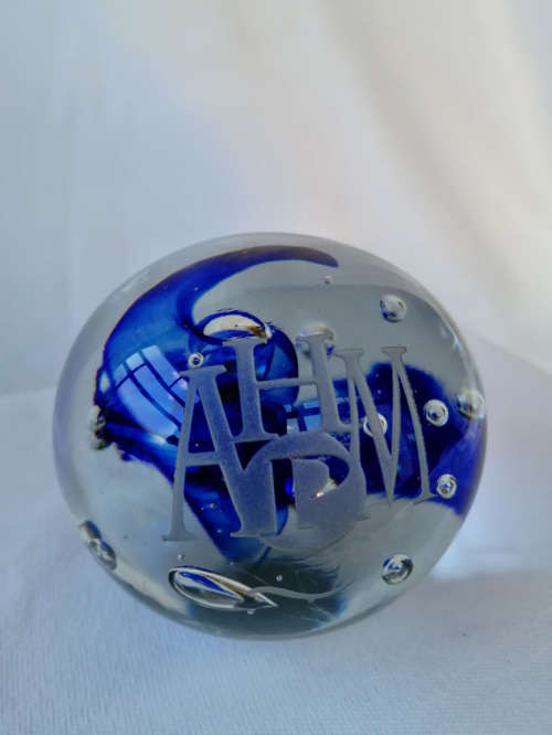 Studio Glass Paperweight Blue and White