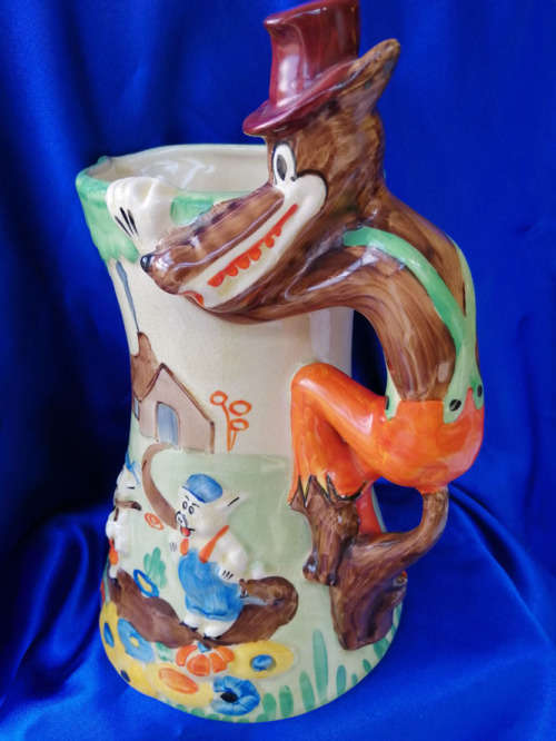 Vintage Large Wadeheath Three Little Pigs and Big Bad Wolf ceramic Jug Circa 1930`s