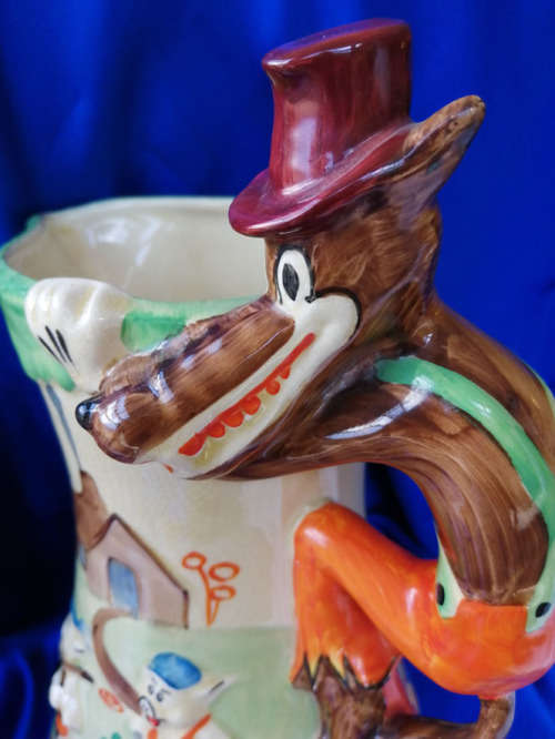 Vintage Large Wadeheath Three Little Pigs and Big Bad Wolf ceramic Jug Circa 1930`s