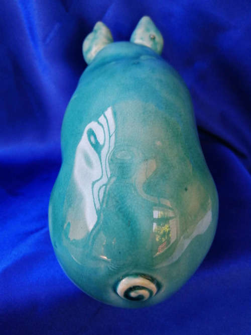 Vintage Turquoise glazed pottery pig in the style of Wemyss