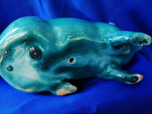 Vintage Turquoise glazed pottery pig in the style of Wemyss
