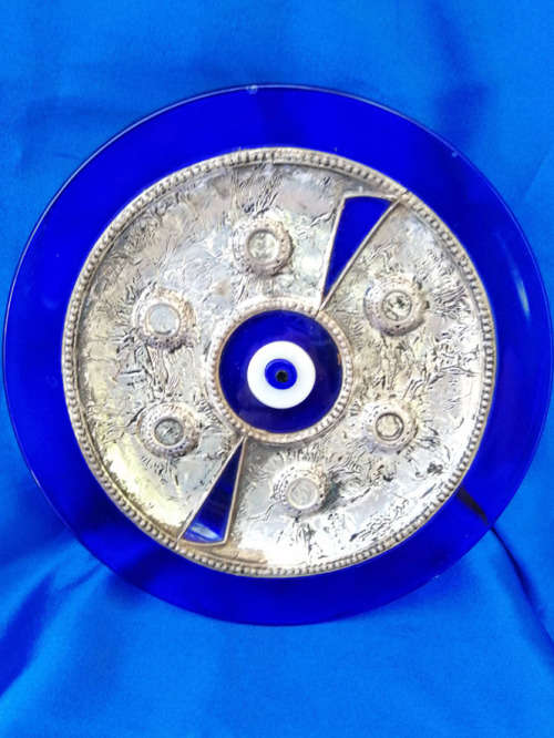Pasabahce Evil Eye Plate Cobalt Blue Glass with Silver Metal Overlay
