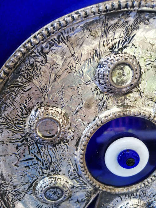 Pasabahce Evil Eye Plate Cobalt Blue Glass with Silver Metal Overlay