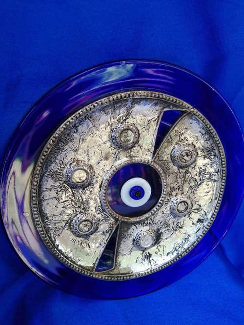 Pasabahce Evil Eye Plate Cobalt Blue Glass with Silver Metal Overlay