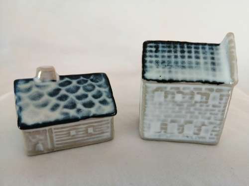 Miniature House - Two blue and glazed pottery Cottage