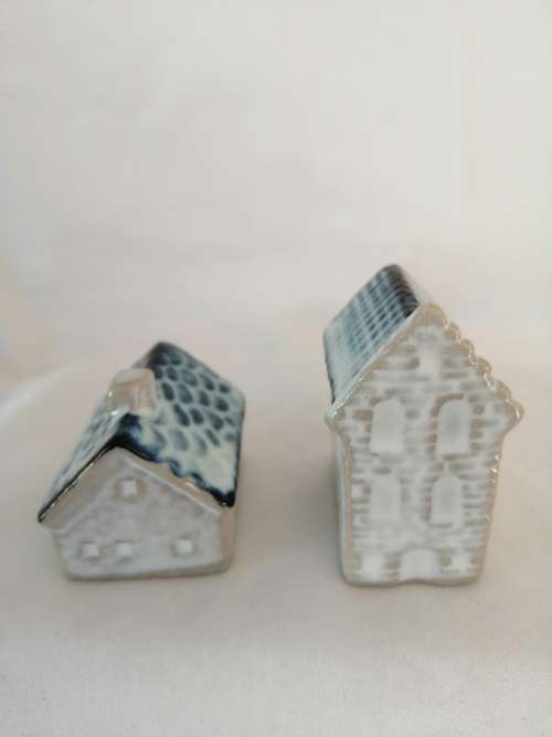 Miniature House - Two blue and glazed pottery Cottage