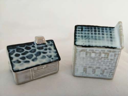 Miniature House - Two blue and glazed pottery Cottage