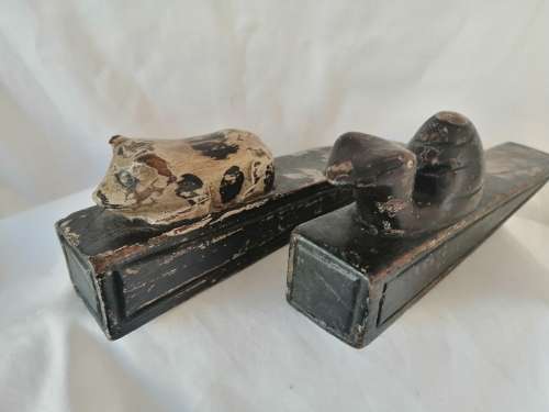 Two Victorian Wooden Doorstops Pig and Frog