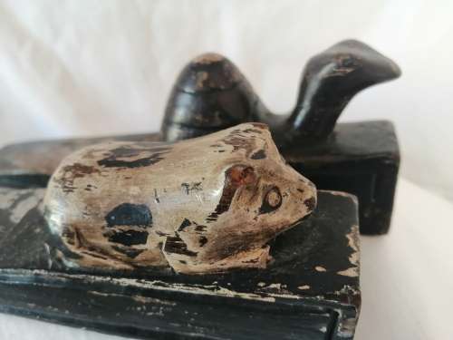 Two Victorian Wooden Doorstops Pig and Frog