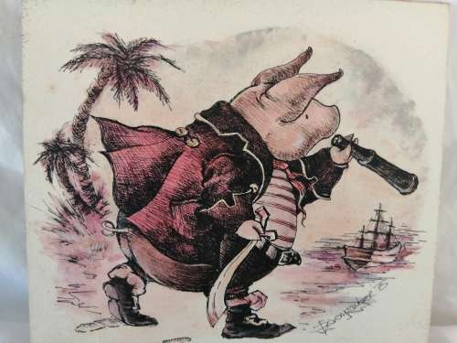 Illustrators original Watercolour Pig pirate 1975 signed