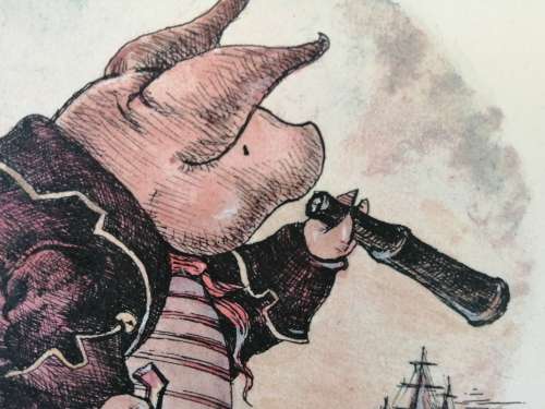 Illustrators original Watercolour Pig pirate 1975 signed