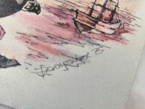 Illustrators original Watercolour Pig pirate 1975 signed