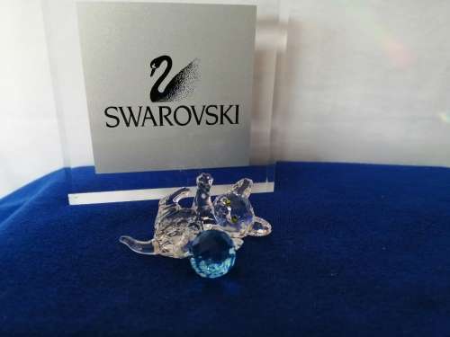 Swarovski Crystal Kitten playing with a blue ball of wool