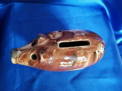Rare Very old 1800`s Czech Pottery Hole Eyed Piggy Bank Pig