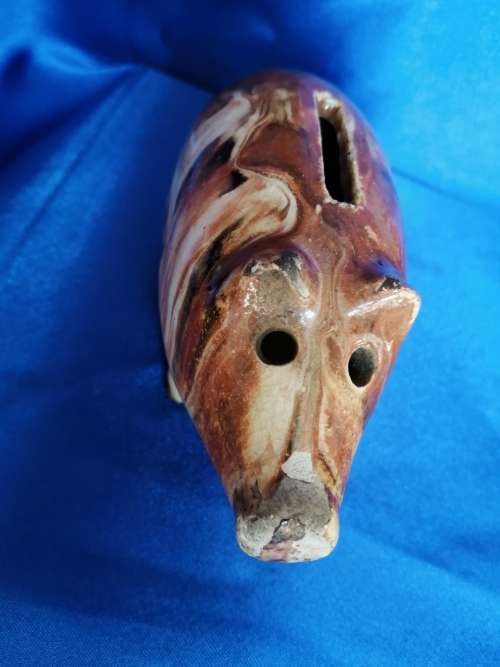 Rare Very old 1800`s Czech Pottery Hole Eyed Piggy Bank Pig