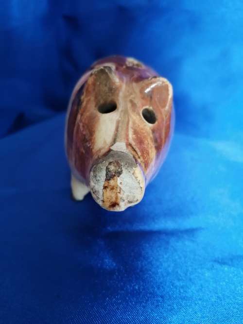 Rare Very old 1800`s Czech Pottery Hole Eyed Piggy Bank Pig