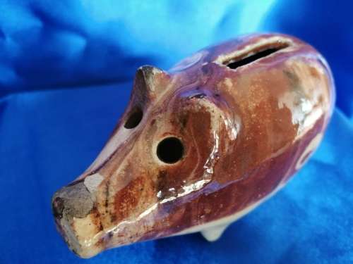 Rare Very old 1800`s Czech Pottery Hole Eyed Piggy Bank Pig