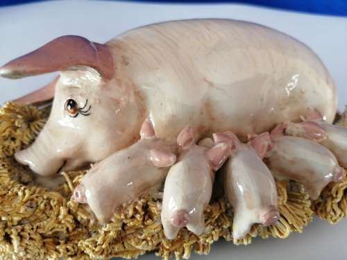 Signed BASIL MATTHEWS Original Sculpture Art Pottery - Sow w Piglets