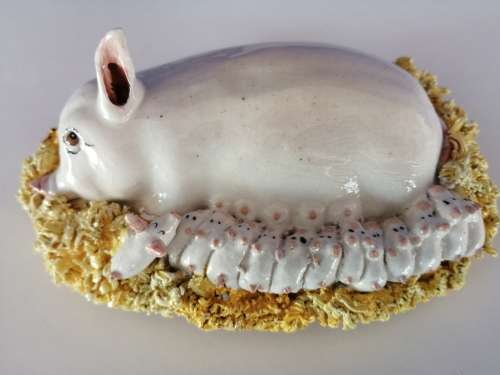 Signed BASIL MATTHEWS Original Sculpture Art Pottery - Sow w Piglets