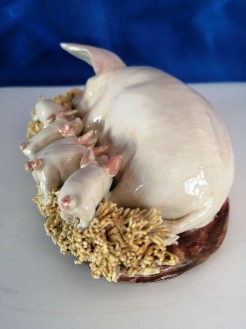 Signed BASIL MATTHEWS Original Sculpture Art Pottery - Sow w Piglets