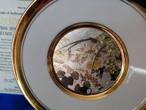 Hamilton Collection Japanese floral calendar Autumn Chokin plate 23K gold trim