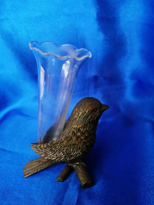 ON304  Vintage Bronze Look Bird with Glass Posy Spill Vase