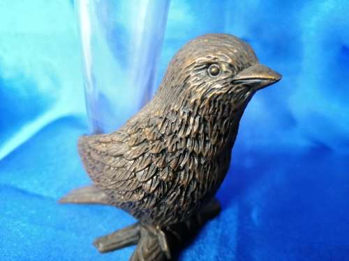 ON304  Vintage Bronze Look Bird with Glass Posy Spill Vase