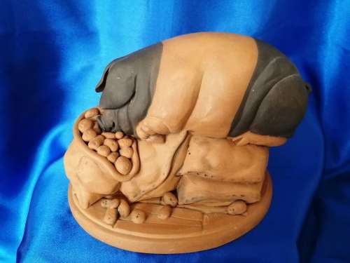 Vintage Large Pottery Pig eating a bag of apples