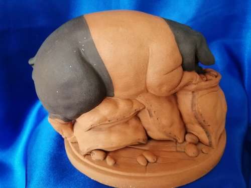 Vintage Large Pottery Pig eating a bag of apples