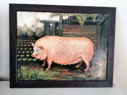 Large Oil on Board White Pig Sow #
