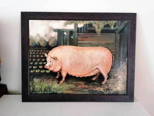 Large Oil on Board White Pig Sow #