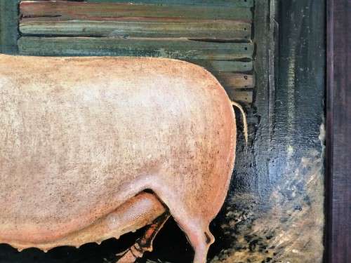 Large Oil on Board White Pig Sow #