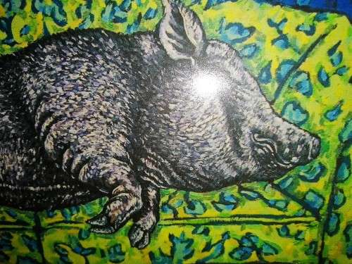 Carved wooden framed print pig sleeping on the sofa #