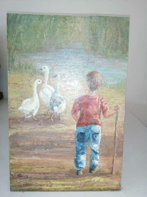 Oil On Board C harris U.K Boy with Geese