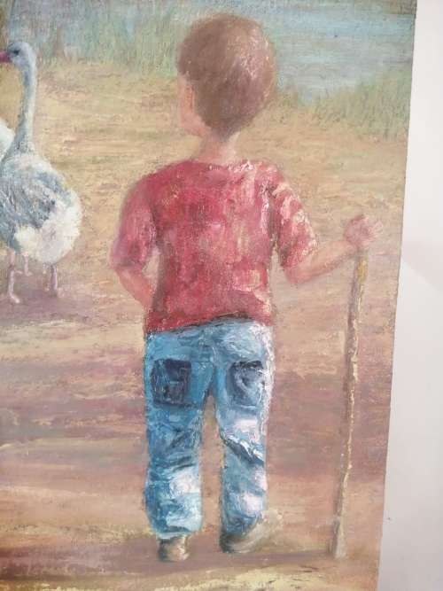 Oil On Board C harris U.K Boy with Geese