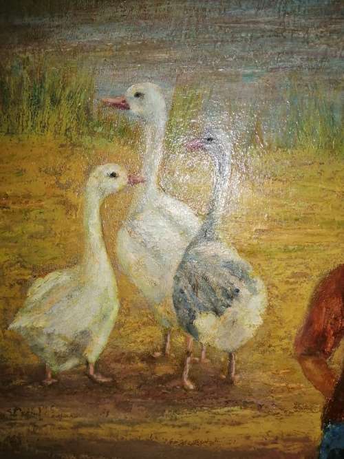 Oil On Board C harris U.K Boy with Geese