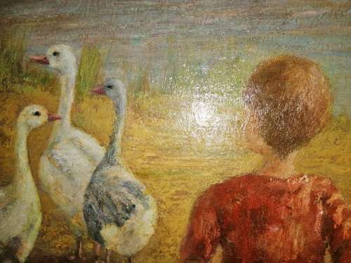 Oil On Board C harris U.K Boy with Geese